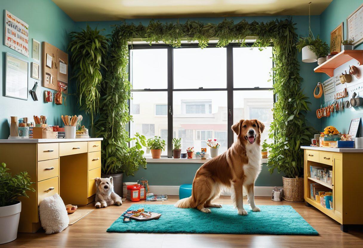 A heartwarming scene of a happy dog being groomed by a caring owner in a bright, cheerful environment. Surround them with healthy dog food and vibrant toys, while showcasing a checklist of health tips on a colorful bulletin board in the background. Include elements like a dog bowl and a sunlit window with plants for an inviting atmosphere. super-realistic. vibrant colors. bright background.