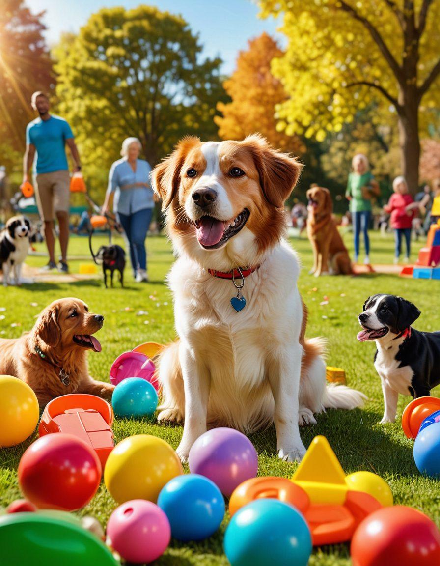 An engaging scene showcasing a happy dog and its owner in a sunny park, with the owner demonstrating a training command, while surrounded by playful toys and training tools. A diverse group of people can be seen in the background, interacting with their dogs, conveying a sense of community and learning. Bright and cheerful colors enhance the joyful atmosphere of companionship. super-realistic. vibrant colors. sunny background.