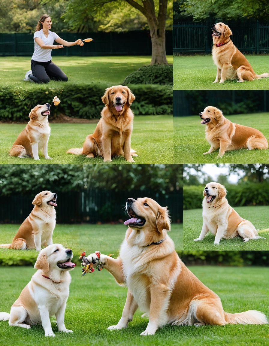 A collage of diverse dog breeds in various training scenarios: a playful puppy learning to sit, a golden retriever mastering advanced tricks, and an owner teaching commands using positive reinforcement. The background features a lush park setting with training tools like agility hurdles and treat pouches, capturing the bond between humans and dogs. warm colors, vibrant atmosphere, super-realistic.